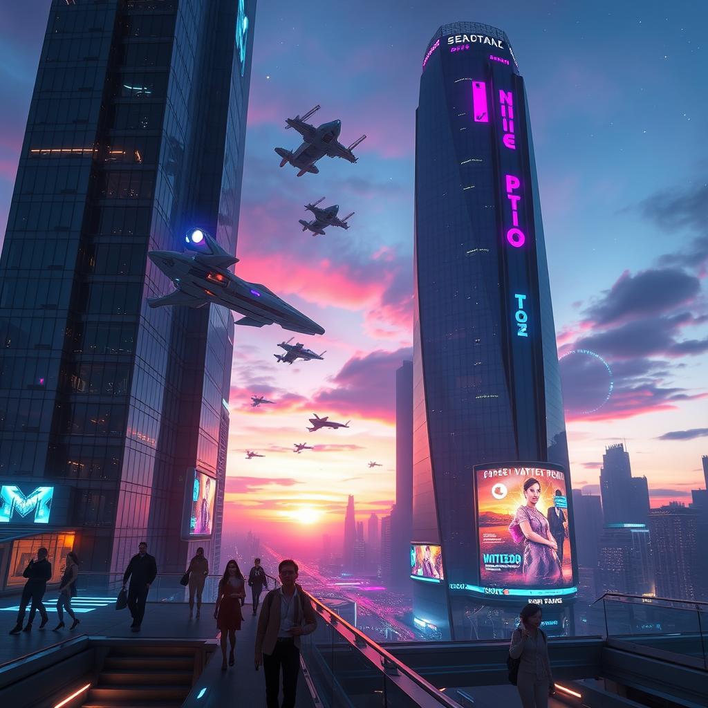 A stunning sci-fi cityscape at dusk, featuring towering glass skyscrapers with neon lights illuminating the skyline