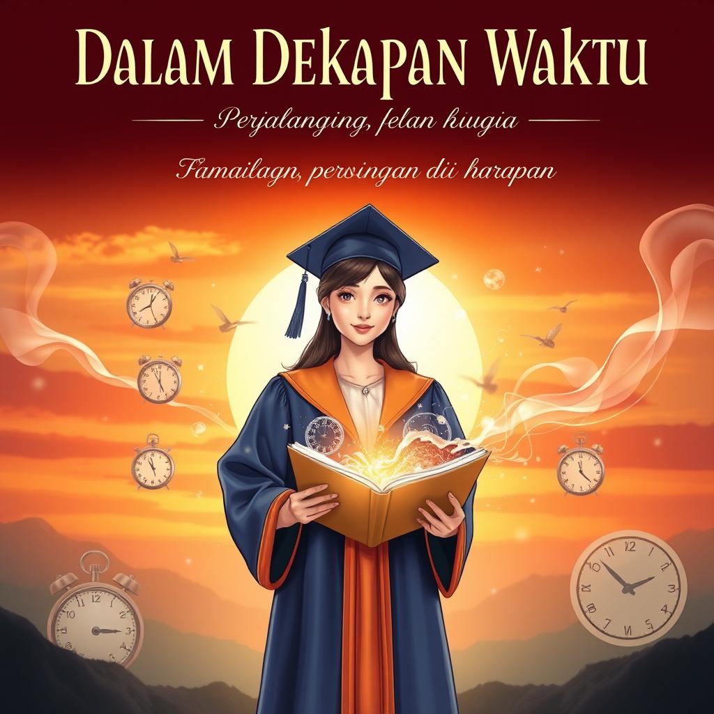 A captivating book cover illustration for 'Dalam Dekapan Waktu: Perjalanan, Kenangan, dan Harapan'
