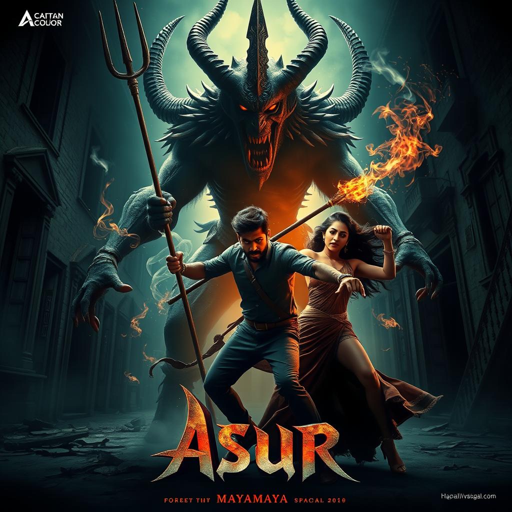 A cinematic action horror magical thrill film poster featuring a young Indian modern man named Asur, who possesses impressive black magical powers