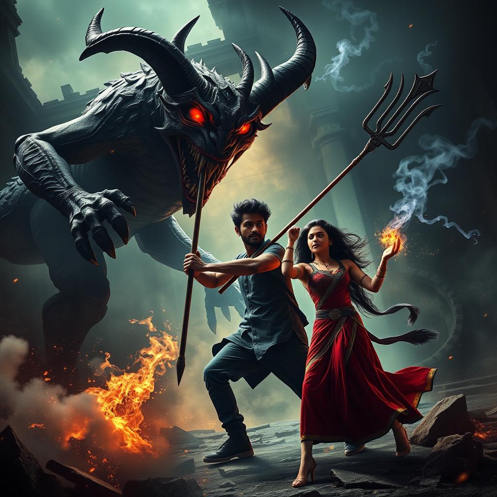 A cinematic action horror magical thrill film poster showcasing a young Indian modern man named Asur, who possesses powerful black magical abilities