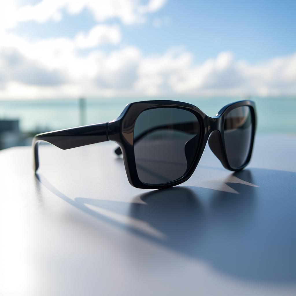 A stylish pair of sleek black sunglasses resting on a smooth, reflective surface