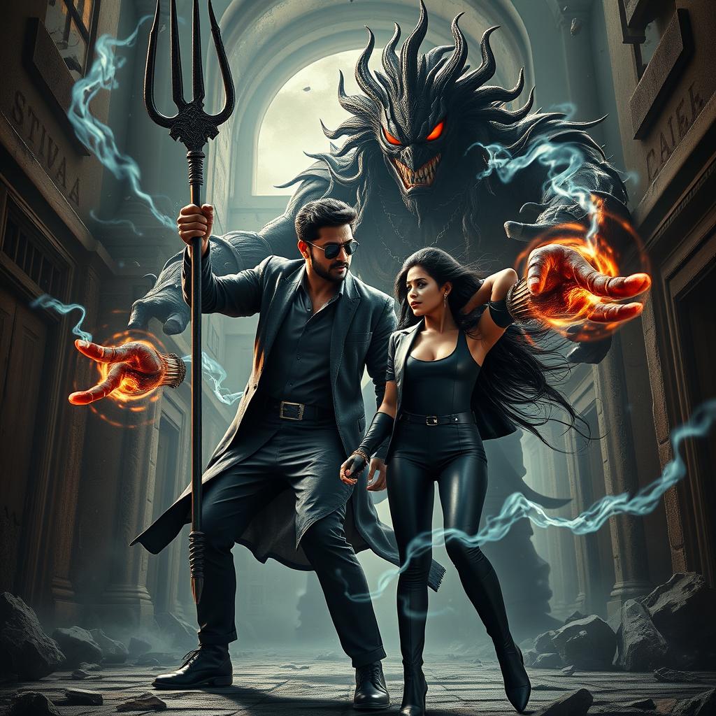 A cinematic action horror magical thrill film poster featuring a young Indian man named Asur, who wields black magical powers