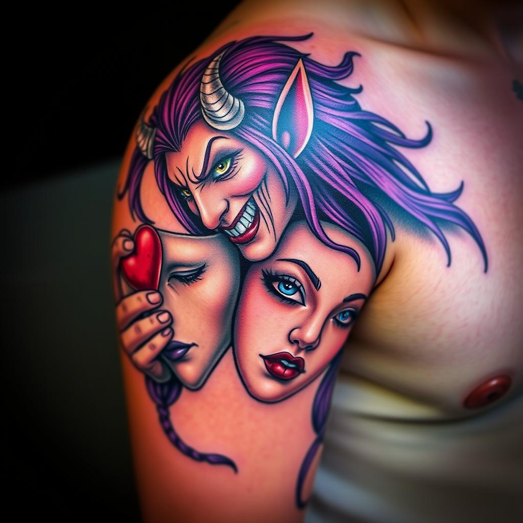 A realistic upper arm tattoo depicting a long-haired devil with purple hair, removing a blue-eyed female mask with its right hand