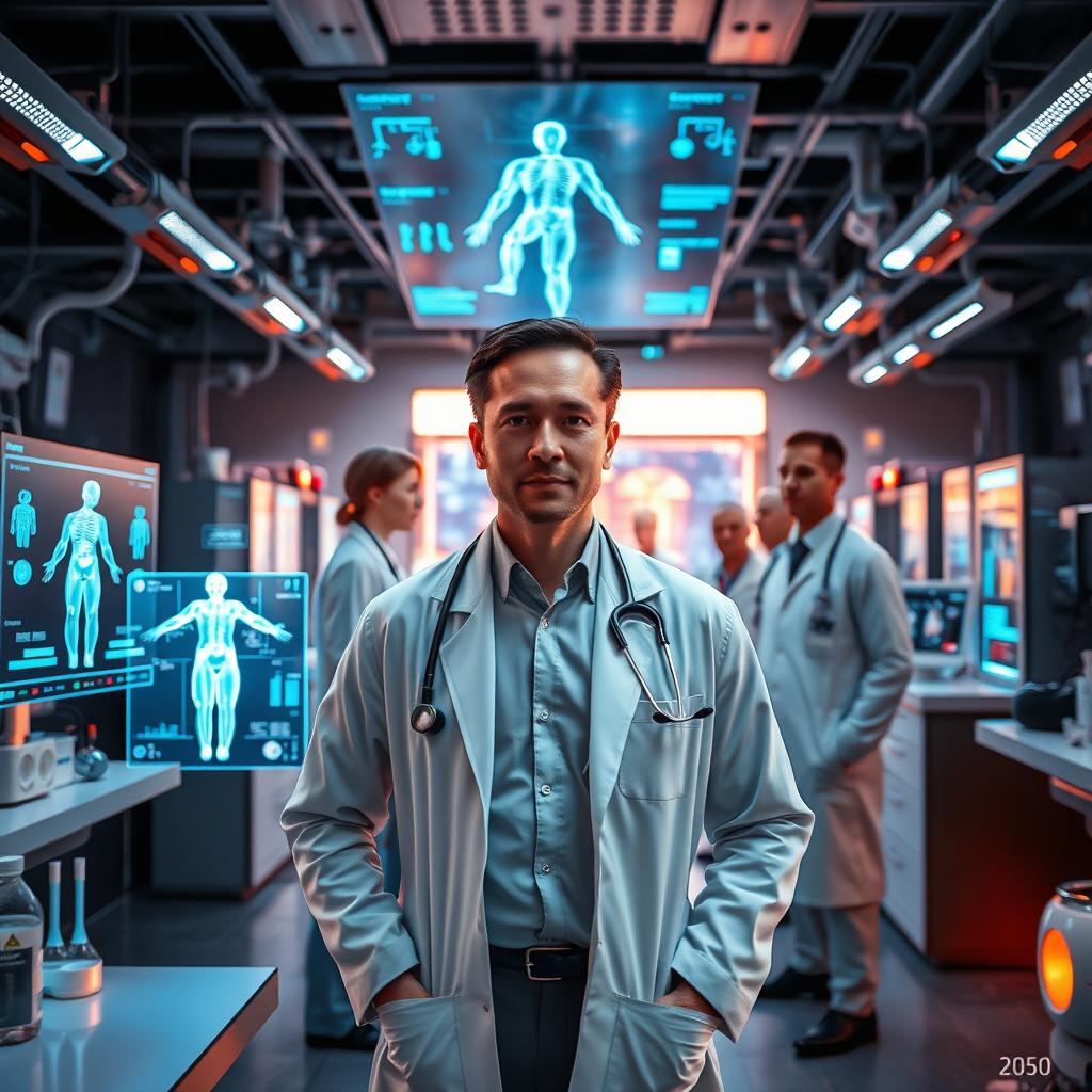 A futuristic medical scene set in 2050, showcasing groundbreaking advancements in longevity and health, featuring Dr