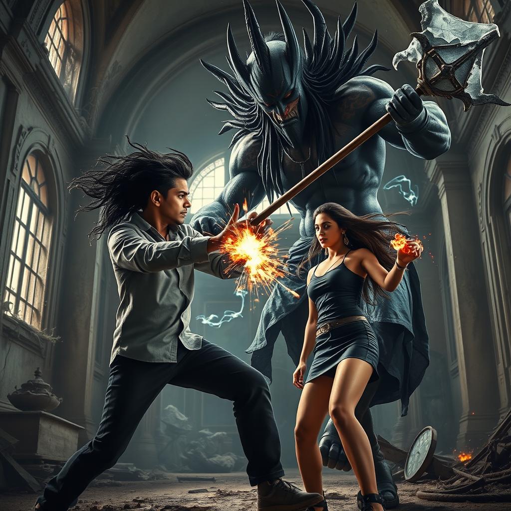 A cinematic action horror magical thrill film poster featuring a young Indian man named Asur, who possesses powerful black magical abilities