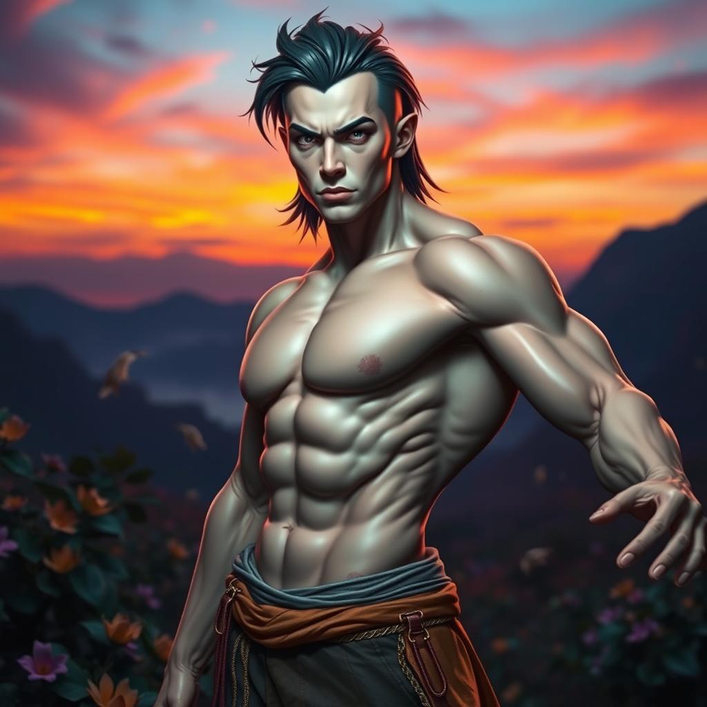 A striking portrait of a humanoid figure with an athletic build, featuring a defined face with sharp features and intense eyes