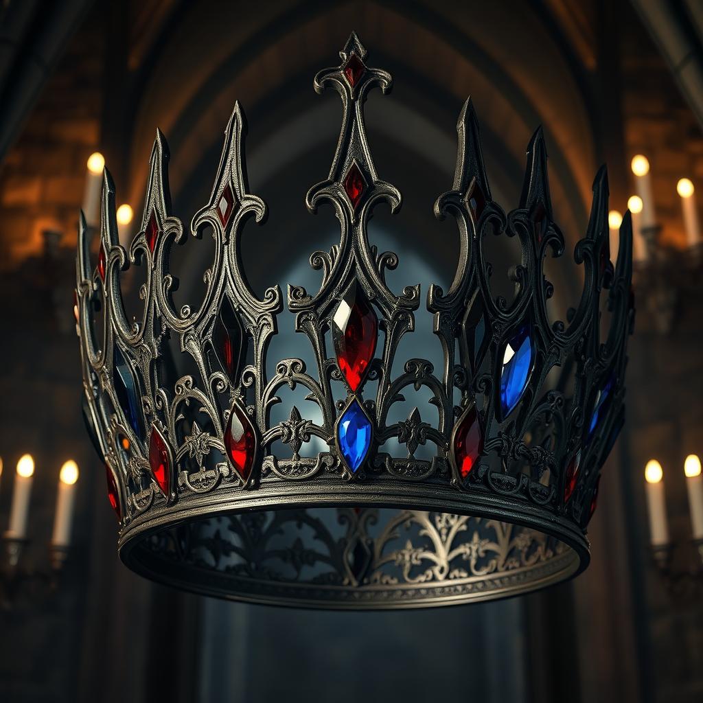 A stunning Gothic-style crown, intricately designed with sharp arches and elegant curves, featuring ornate filigree work, dark metallic finishes, and jewel embellishments
