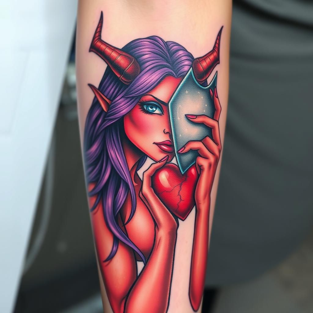 A realistic arm tattoo depicting a long, purple-haired, red-skinned female devil