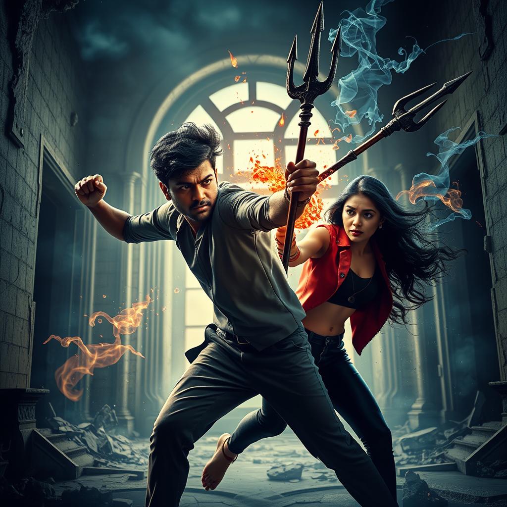 A cinematic action horror magical thrill film poster depicting a young Indian man named Asur, who possesses powerful black magical abilities