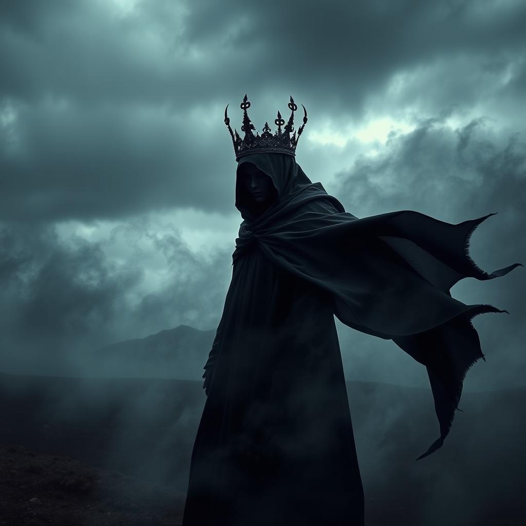 A mysterious and ominous scene featuring a dark figure wearing a black crown, embodying the theme of death