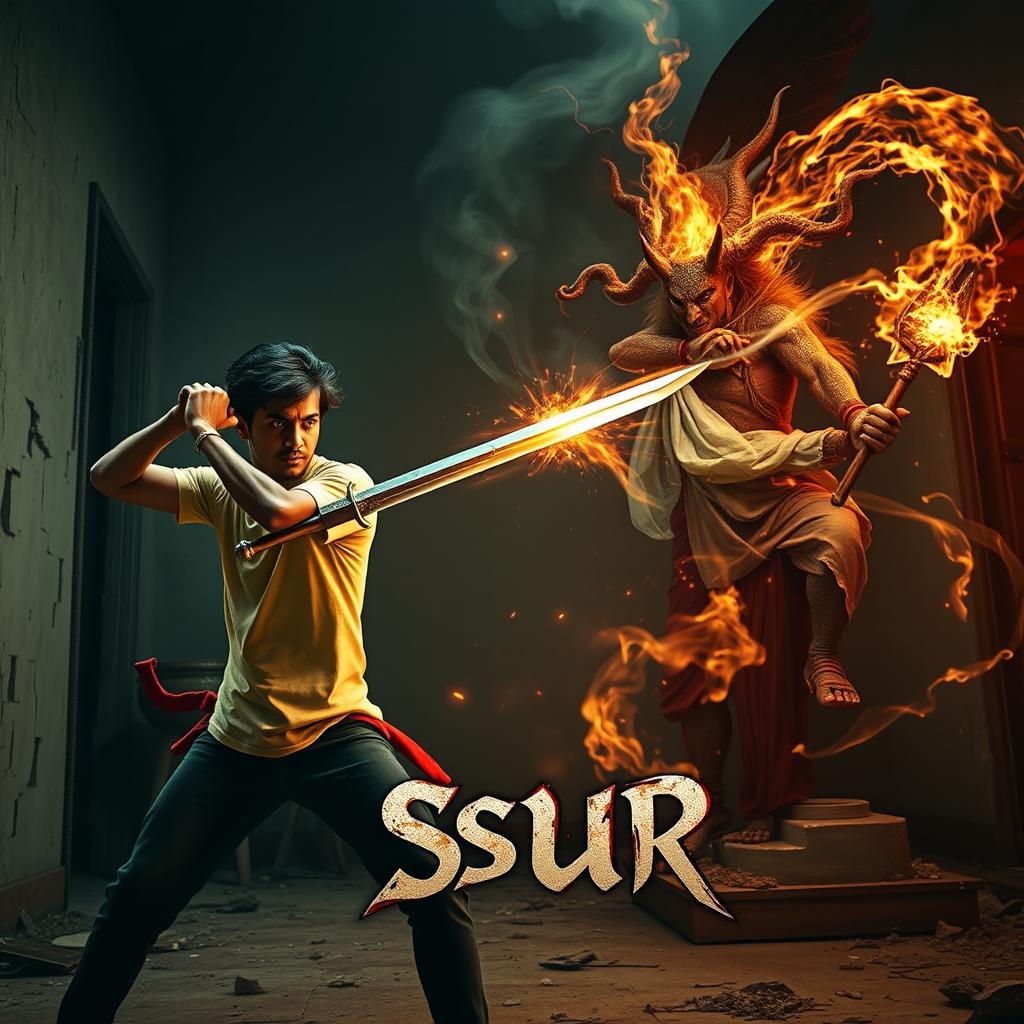 A cinematic action horror magical thrill film poster portraying a young Indian man named Asur, wielding a magical sword, engaged in a tense standoff