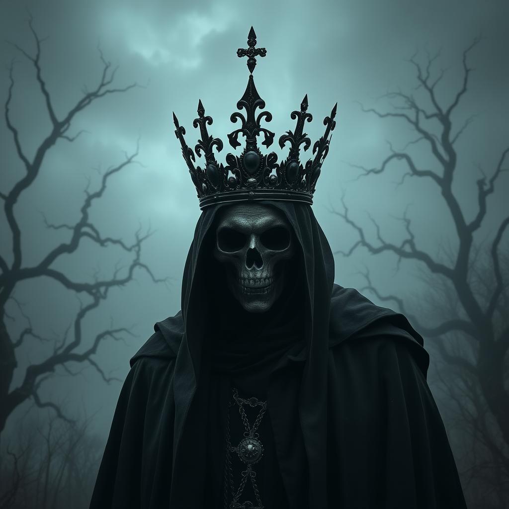 An imposing figure representing death, adorned with a striking black crown