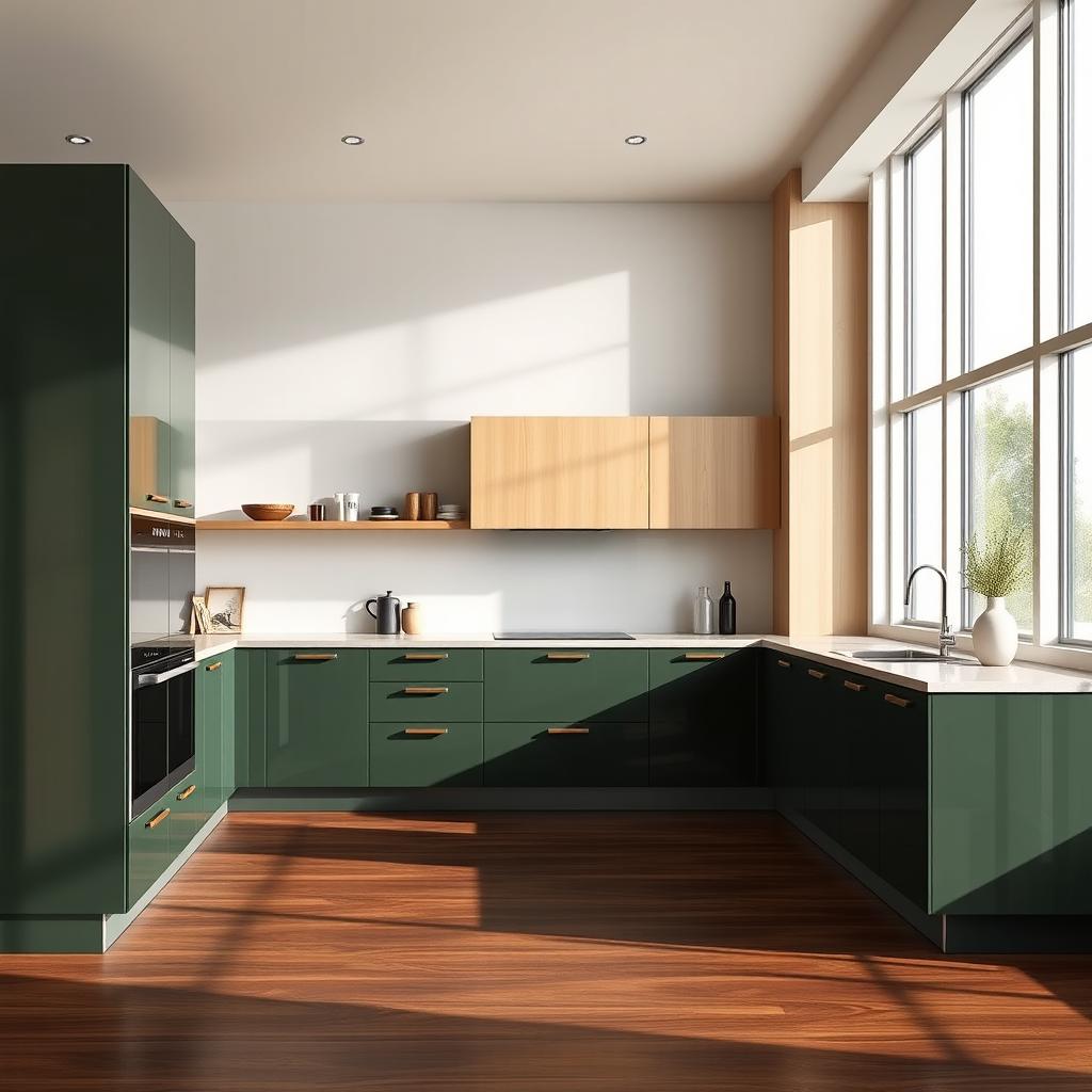A modern kitchen featuring contemporary cabinetry in dark green and light wood