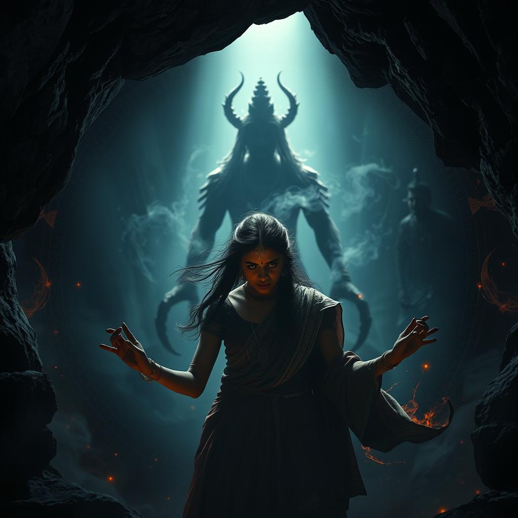 A realistic cinematic action horror magical thrill film poster depicting a scene in a dimly lit cave