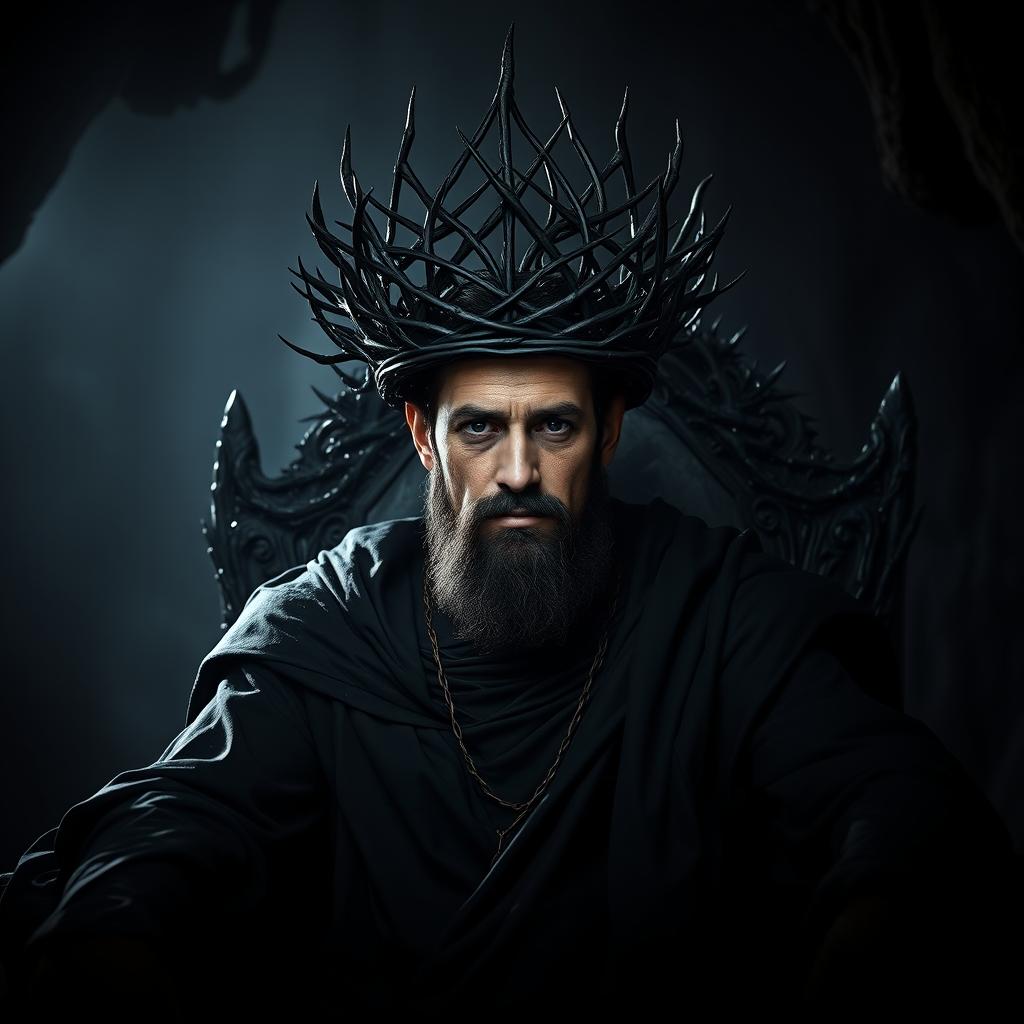 A striking black crown made entirely of intertwined thorns, designed for a powerful figure, the King of the Underworld