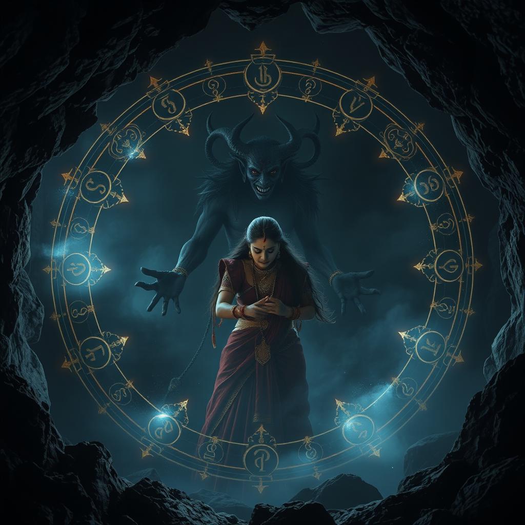 A realistic cinematic action horror magical thrill film poster depicting Vidhi trapped within Bhairav's black magical powers, encircled by an intricate ritual circle in a dimly lit cave