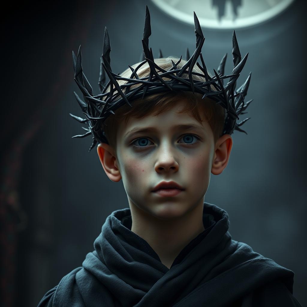 A detailed image of a black crown designed from intertwined thorns, crafted specifically for the youthful King of the Underworld