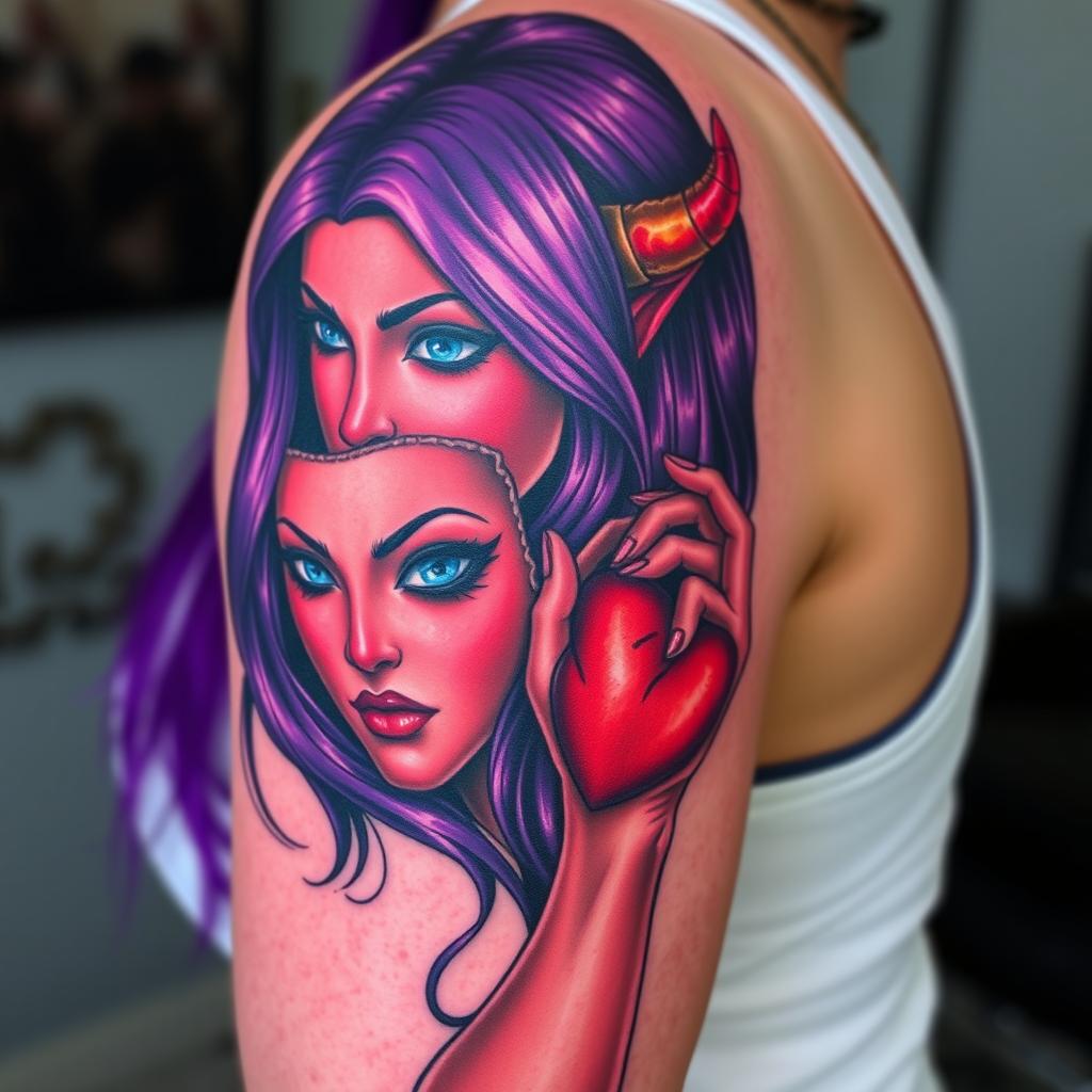 A realistic upper arm tattoo design featuring a long-haired woman with purple hair and red skin, depicted as a devil