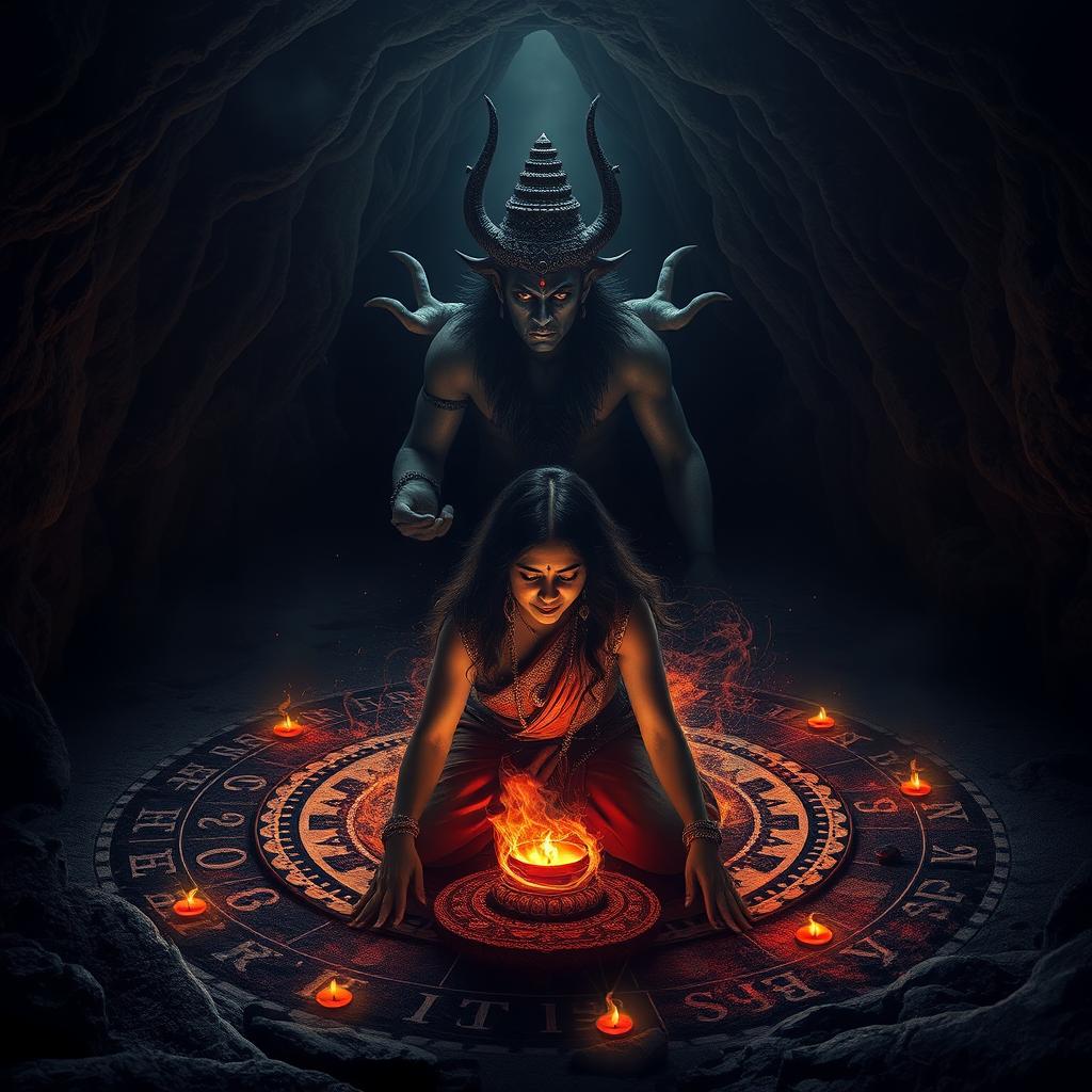 A realistic cinematic action horror magical thrill film poster featuring Vidhi trapped in Bhairav's black magical powers within a ritual circle in a shadowy cave