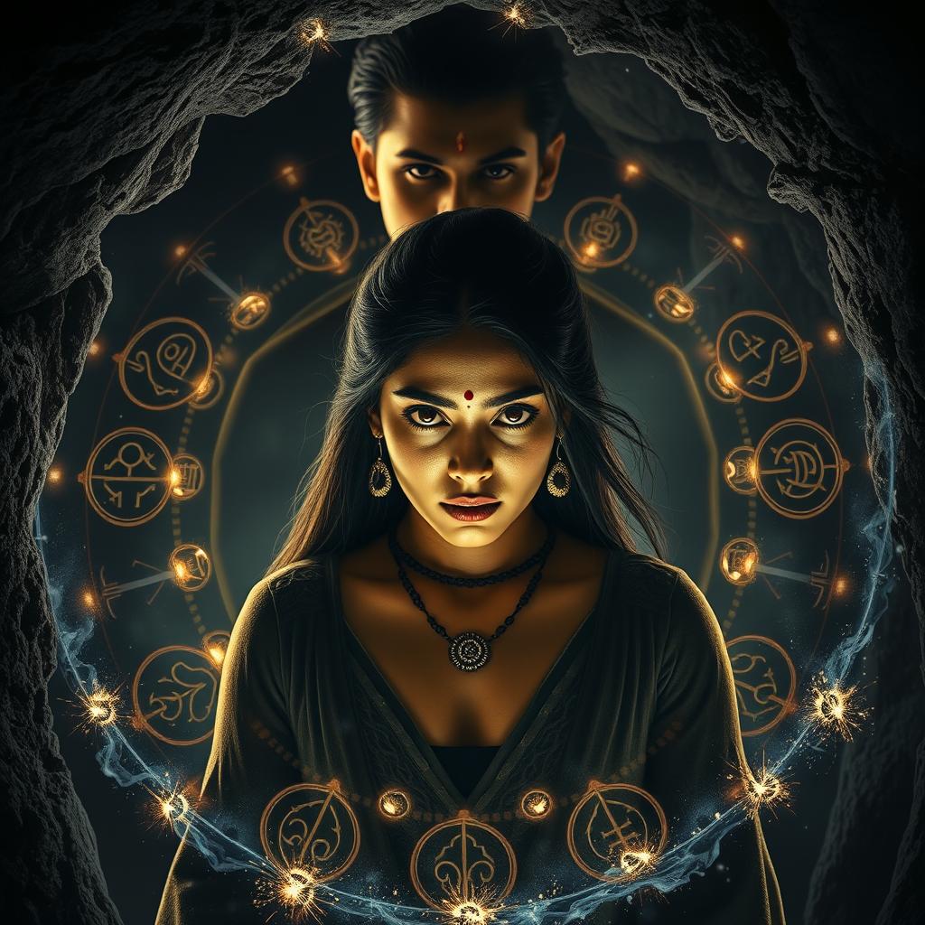 A realistic cinematic action horror magical thrill film poster featuring Vidhi, a modern young woman, trapped within Bhairav's black magical powers, encircled by a glowing ritual circle in a dark cave