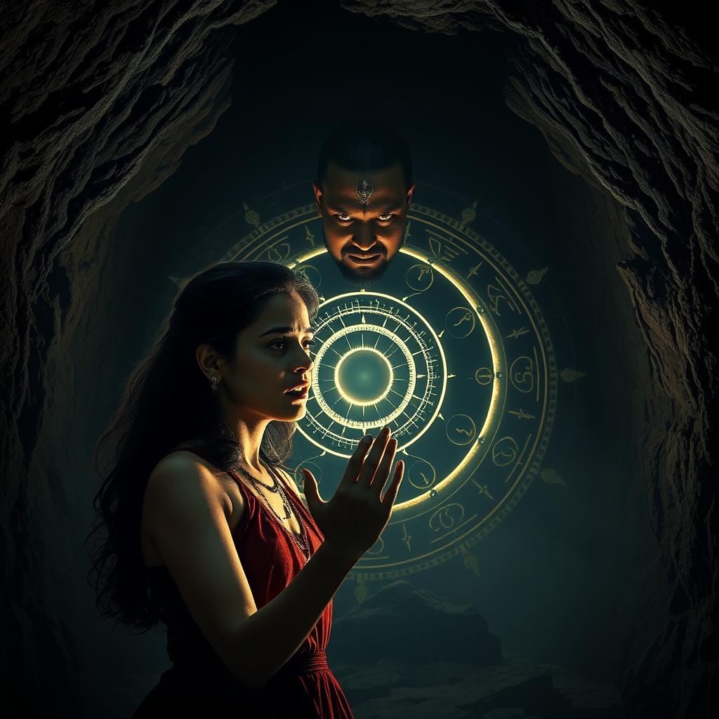 A realistic cinematic action horror magical thrill film poster featuring Vidhi, a modern young woman, trapped within Bhairav's black magical powers inside a glowing ritual circle located in a dark, foreboding cave