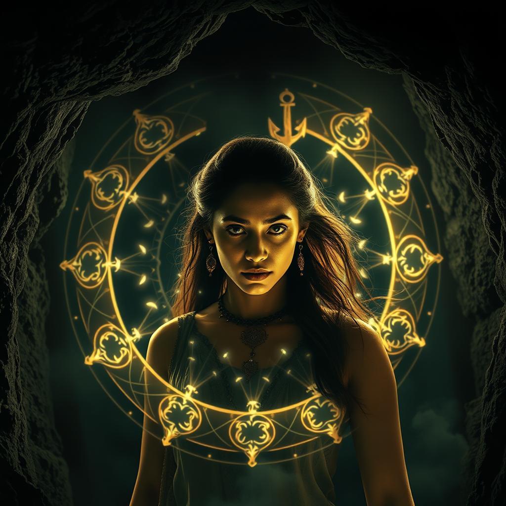 A realistic cinematic action horror magical thrill film poster featuring Vidhi, a modern young woman, ensnared within Bhairav's black magical powers, surrounded by an illuminated ritual circle in a dark, eerie cave