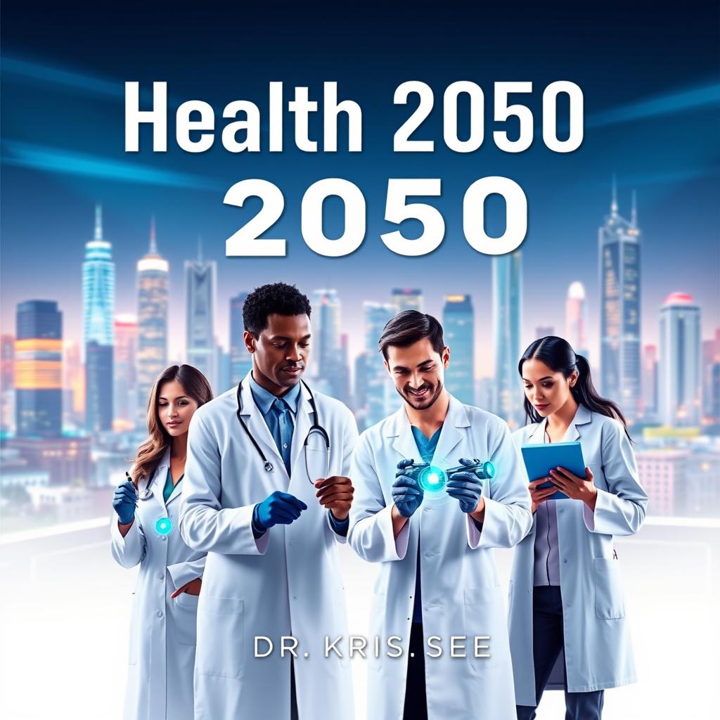 A futuristic book cover for 'Health 2050: Pioneering Longevity in Modern Medicine' by Dr