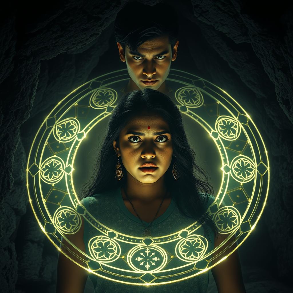 A realistic cinematic action horror magical thrill film poster featuring Vidhi, a modern young woman, trapped in Bhairav's black magical powers, within a glowing ritual circle in a dimly lit cave