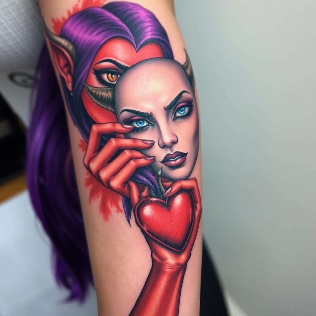 A realistic arm tattoo design featuring a long purple-haired female devil with red skin taking off a blue-eyed female mask with her right hand, which is a human hand