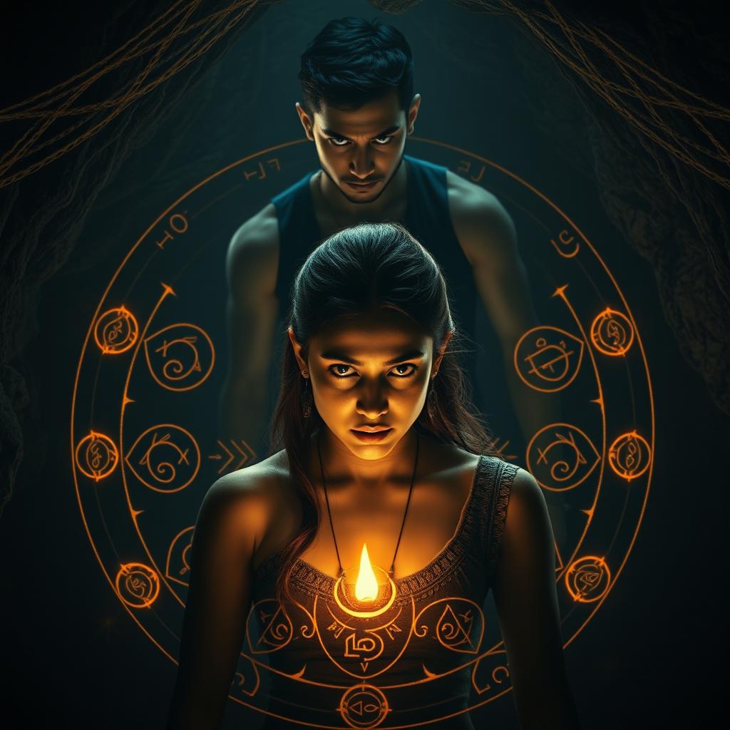 A realistic cinematic action horror magical thriller film poster featuring Vidhi, a modern young and beautiful woman, trapped within a glowing ritual circle crafted by Bhairav's black magical powers inside a foreboding cave