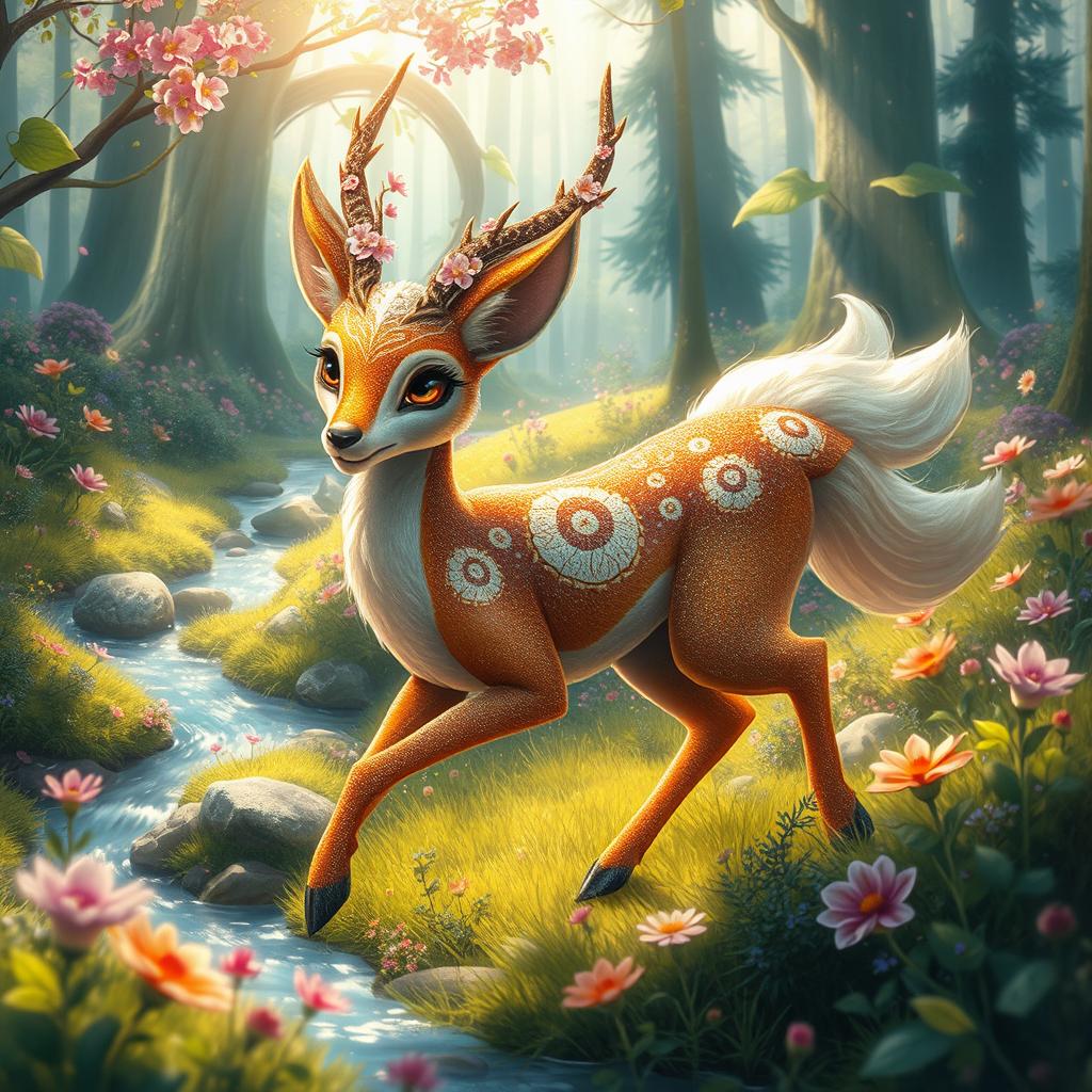 A beautiful, mythical forest scene where Mitasha, a captivating and ethereal creature resembling a blend of a fox and a graceful gazelle, is gracefully moving through a lush landscape filled with vibrant flowers, sparkling streams, and gentle sunlight filtering through the trees