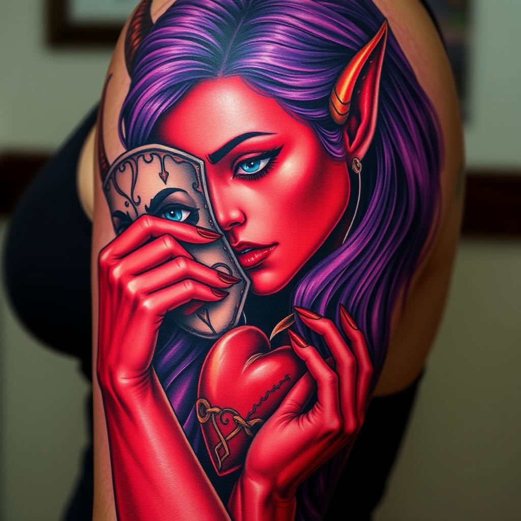 A realistic upper arm tattoo design featuring a female devil character with long purple hair and red skin