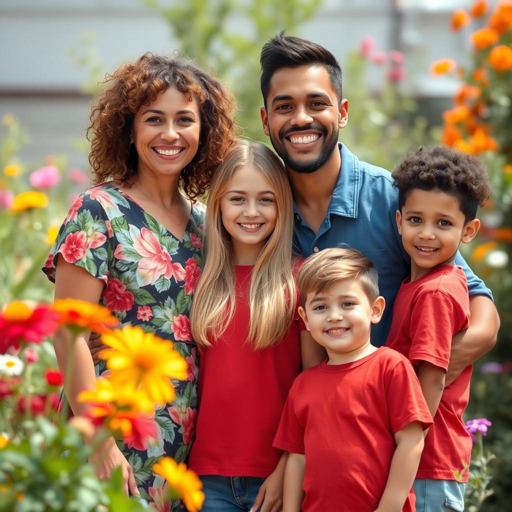 A warm and bright family photo featuring a diverse family of four: a mother with curly brown hair, wearing a vibrant floral dress, a father with short black hair and a cheerful smile in a casual blue shirt, a teenage daughter with long straight blonde hair in a trendy outfit, and a young boy with short curly hair wearing a red t-shirt