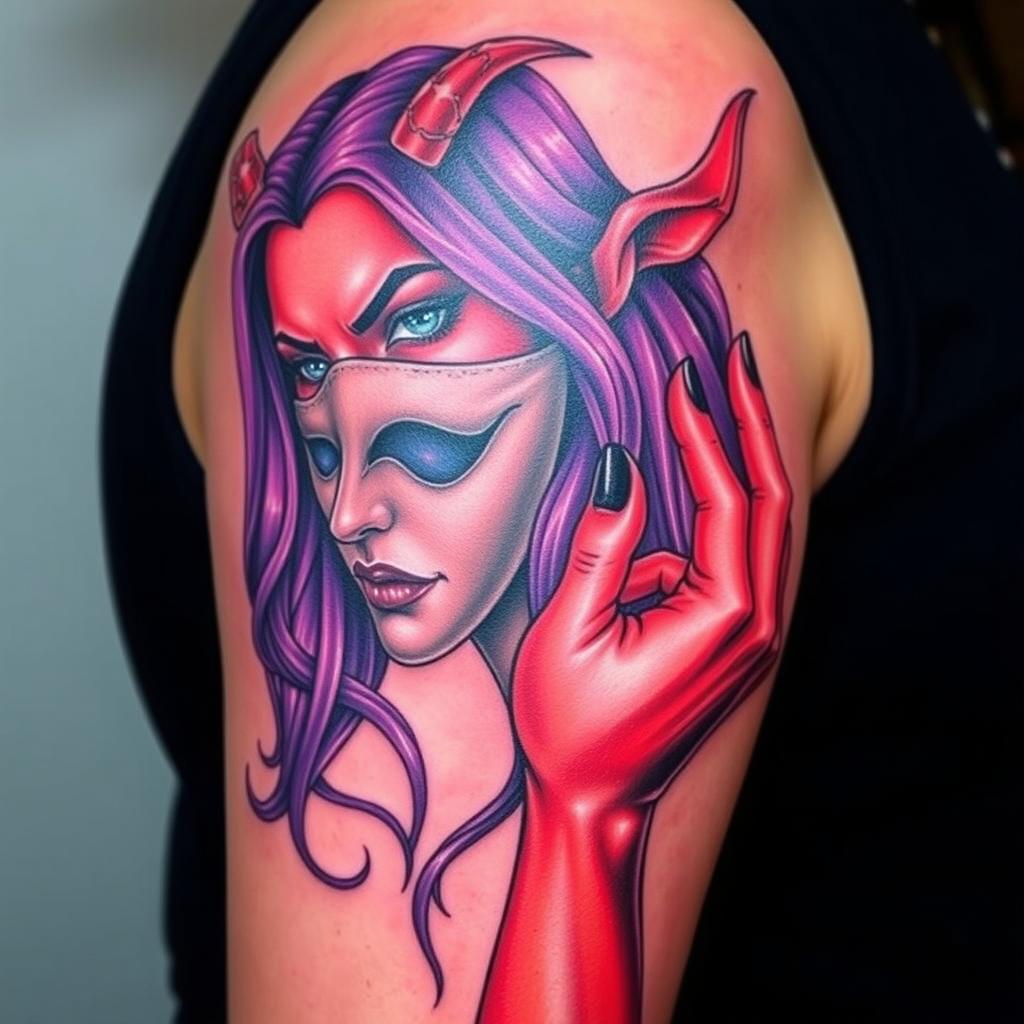 A realistic upper arm tattoo design featuring a long purple-haired devilish female figure with red skin