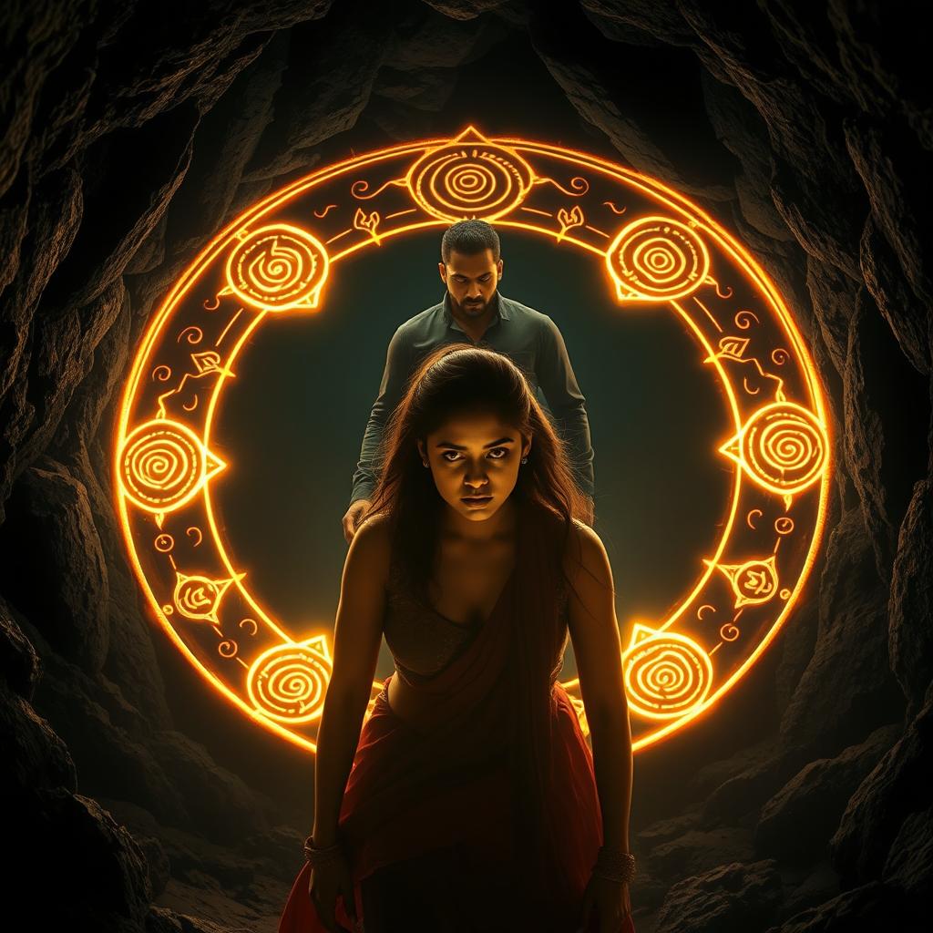 A realistic cinematic action horror magical thriller film poster featuring Vidhi, a modern young and beautiful woman, trapped in a glowing ritual circle created by Bhairav's black magical powers inside a dark, ominous cave