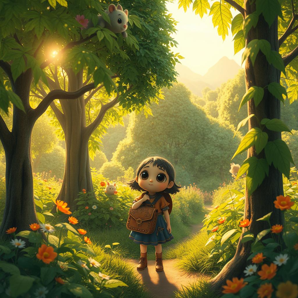 A whimsical scene capturing the essence of Studio Ghibli animation, featuring a lush, enchanted forest filled with vibrant green trees and flowers