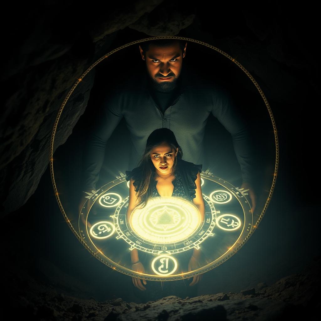 A realistic cinematic action horror magical suspense thriller film poster featuring Bhairav, the most powerful young man wielding black magical powers, as he traps Vidhi, a modern young and beautiful woman, within a mystical ritual circle glowing ominously in a dark cave