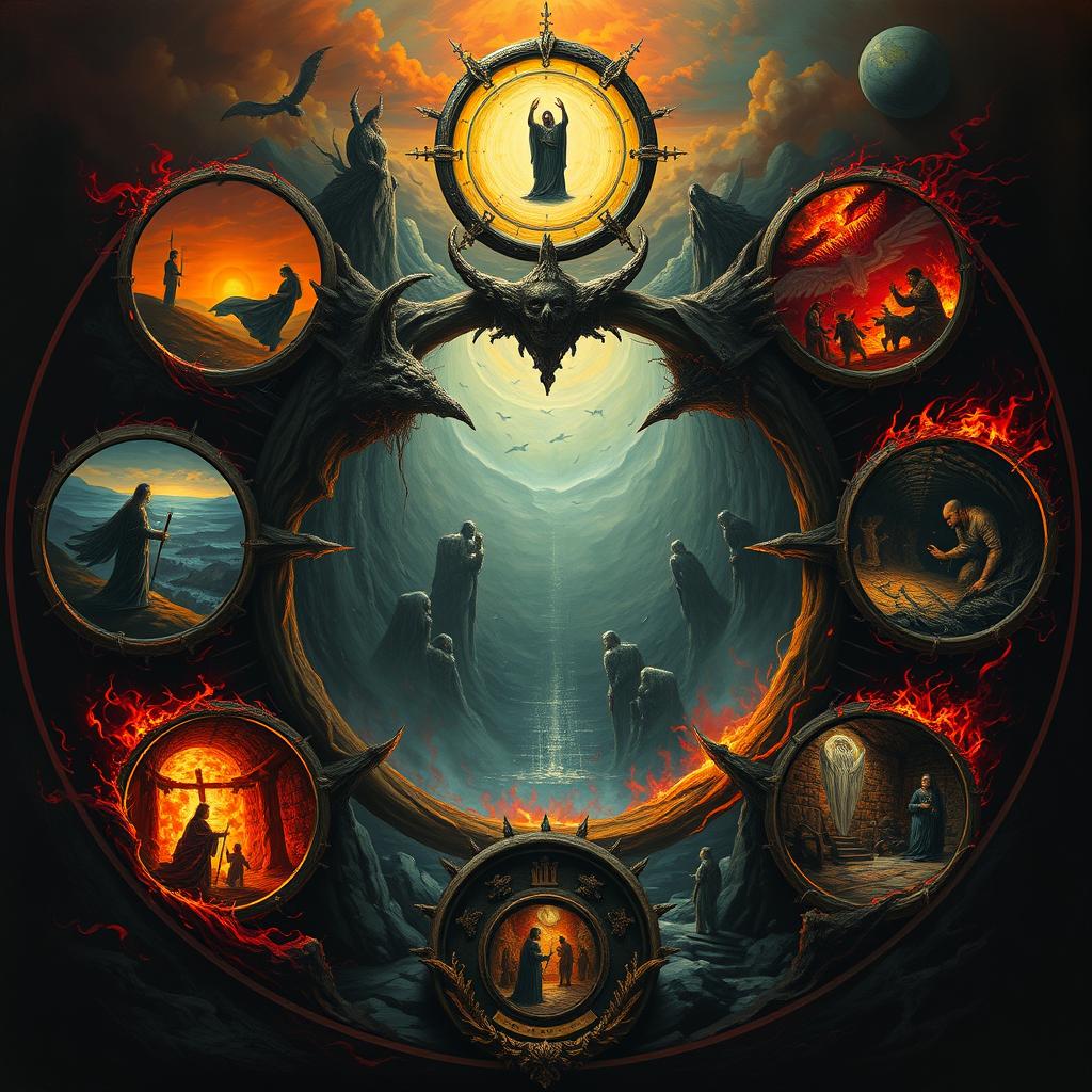 A mystical depiction of the 9 unique circles of Hell, inspired by Dante's Inferno