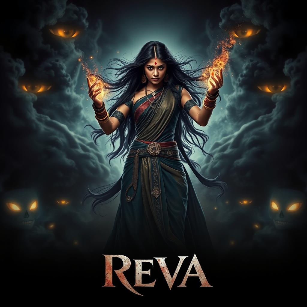 A captivating movie poster titled 'Reva', featuring a strong Indian young woman with black magical powers