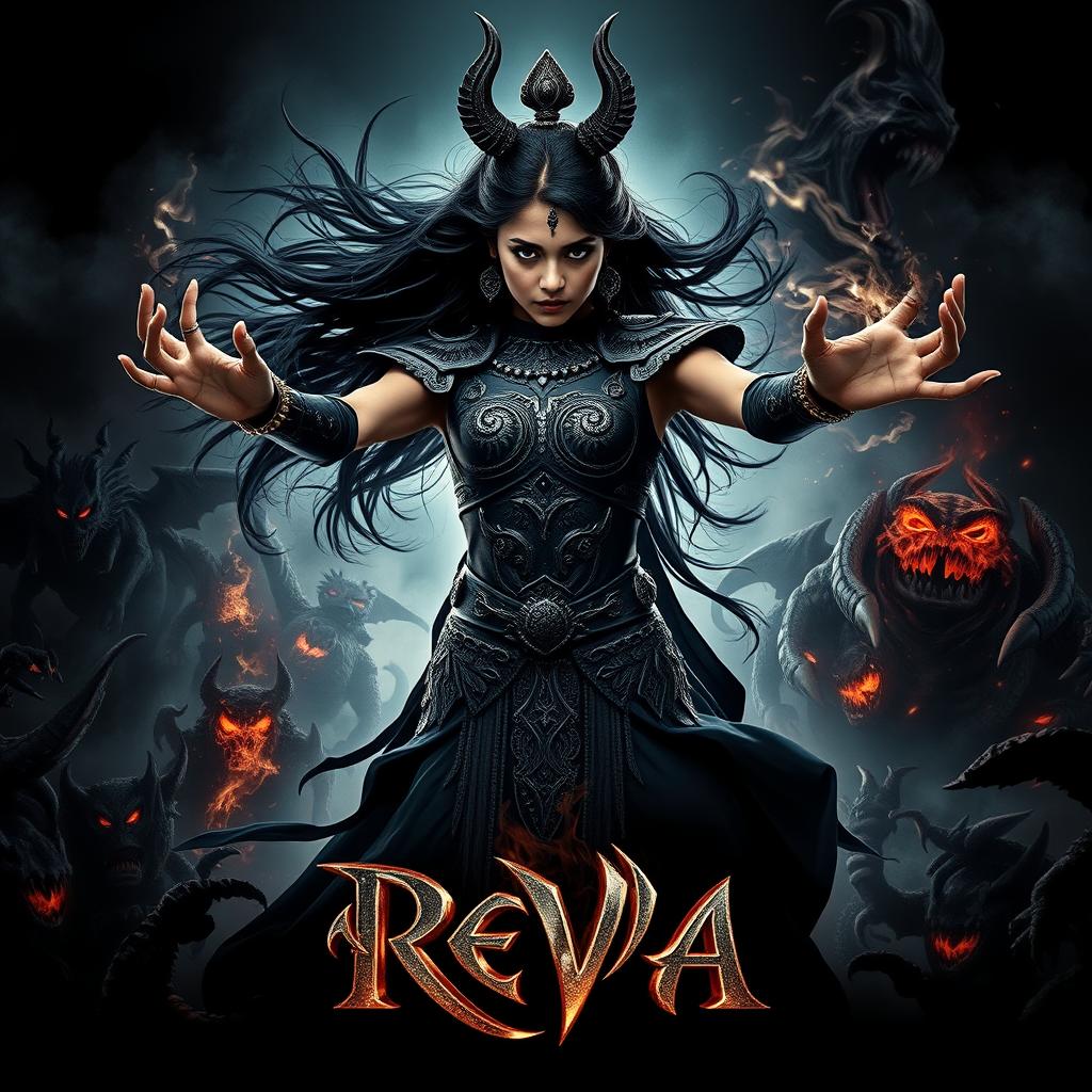 A stunning movie poster titled 'Reva', showcasing an Indian young Asura woman wielding powerful black magical abilities