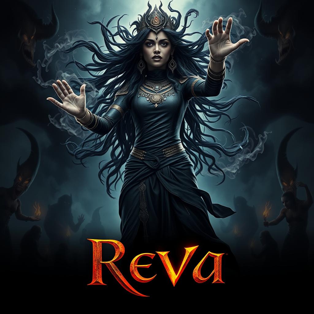 An epic movie poster titled 'Reva', featuring an Indian young Asura woman in a human body, exuding powerful black colored magical abilities