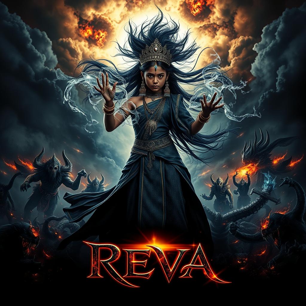 A thrilling movie poster titled 'Reva', showcasing an Indian young Asura woman in a human body, channeling powerful black colored magical abilities
