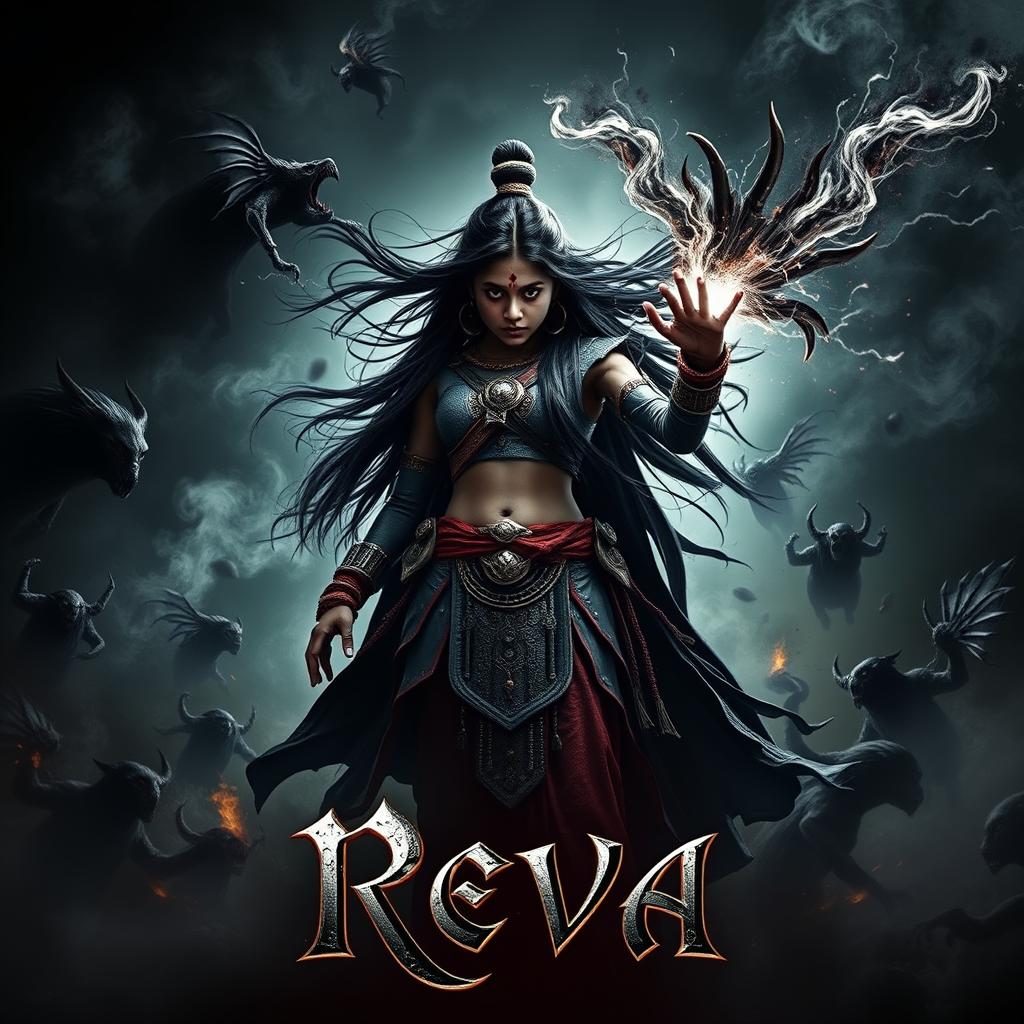 A captivating movie poster titled 'Reva', featuring an Indian young Asura woman in a human body, channeling striking black colored magical powers