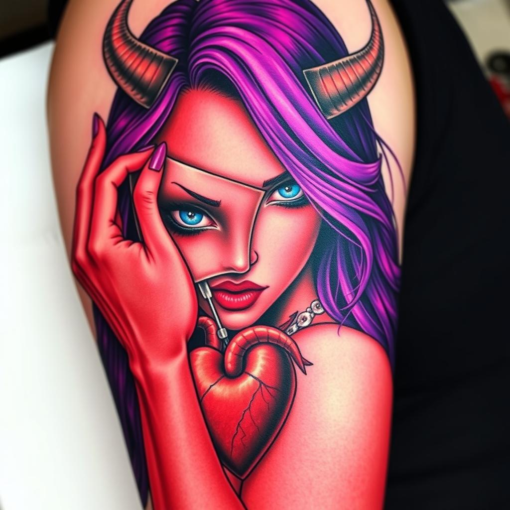 A highly realistic upper arm tattoo design featuring a long-haired woman with vibrant purple hair and red skin, depicted as a female devil