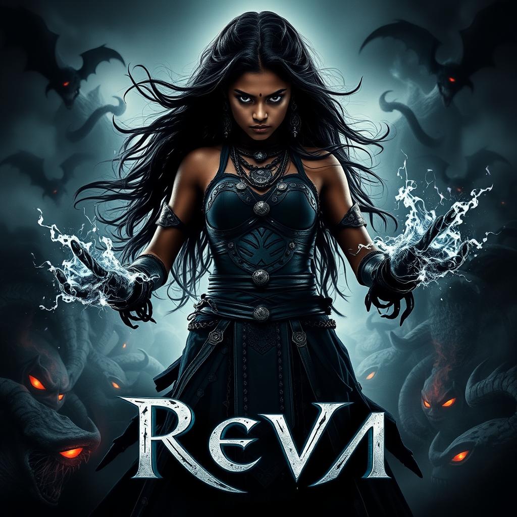 A striking movie poster for 'Reva', featuring a young Indian Asura woman in a human form, harnessing powerful black colored magical abilities