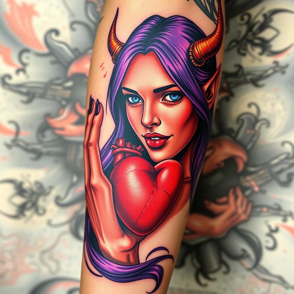 A realistic arm tattoo featuring a long-haired woman with purple hair and red skin, depicted as a female devil