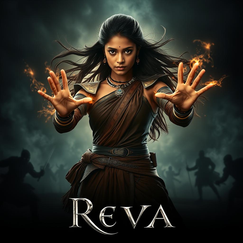 An exciting movie poster for 'Reva', featuring a young Indian woman demonstrating powerful black colored magical abilities