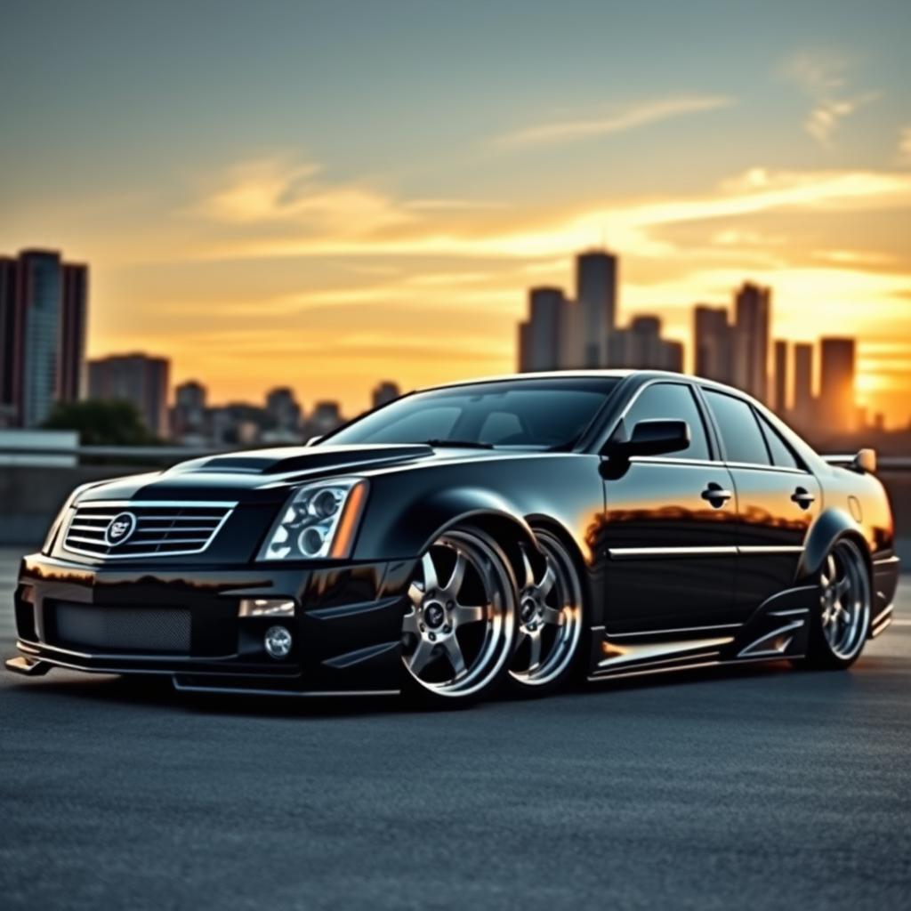 A striking 2003 Cadillac DeVille with a custom body kit, showcasing a sleek and aggressive design