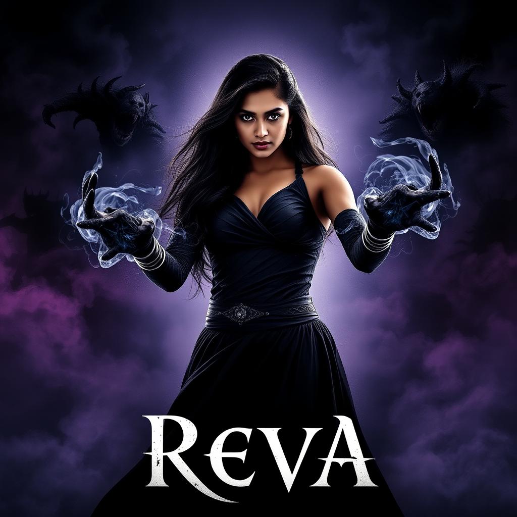 An enchanting movie poster for 'Reva', showcasing a young, dark beautiful Indian woman radiating confidence as she wields powerful black colored magical abilities