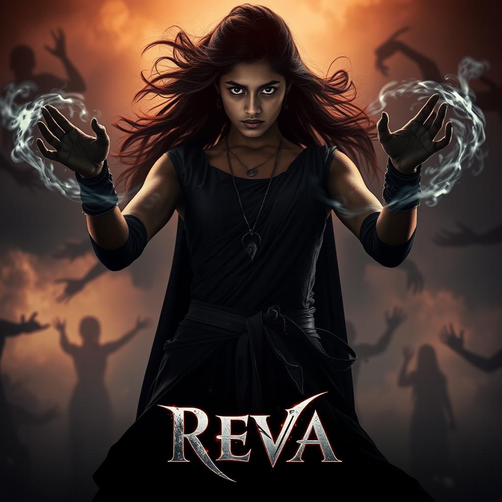 An eye-catching movie poster for 'Reva', showcasing a young, dark beautiful Indian woman exuding strength as she wields black colored magical powers